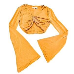 House of CB Tan Gold Bell Sleeve Cropped Dress Top Ruched Front Size XS